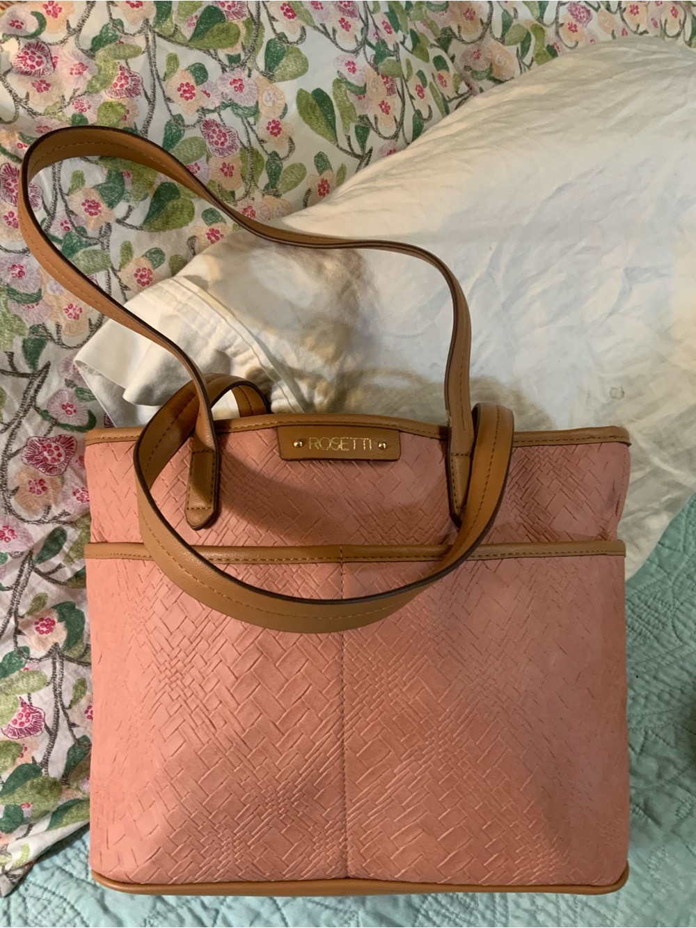 Rosetti Pink Woven Tote with Tan Trim and Straps